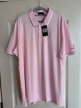 G/FORE Pink & White Micro-Striped Polo with White-Trim Collar